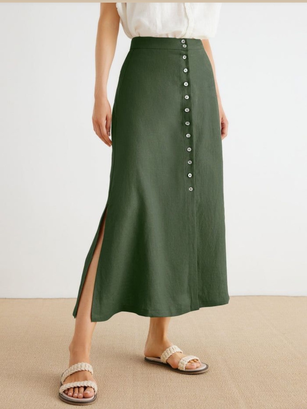 High-Rise Button-Front A-Line Maxi Skirt - Green